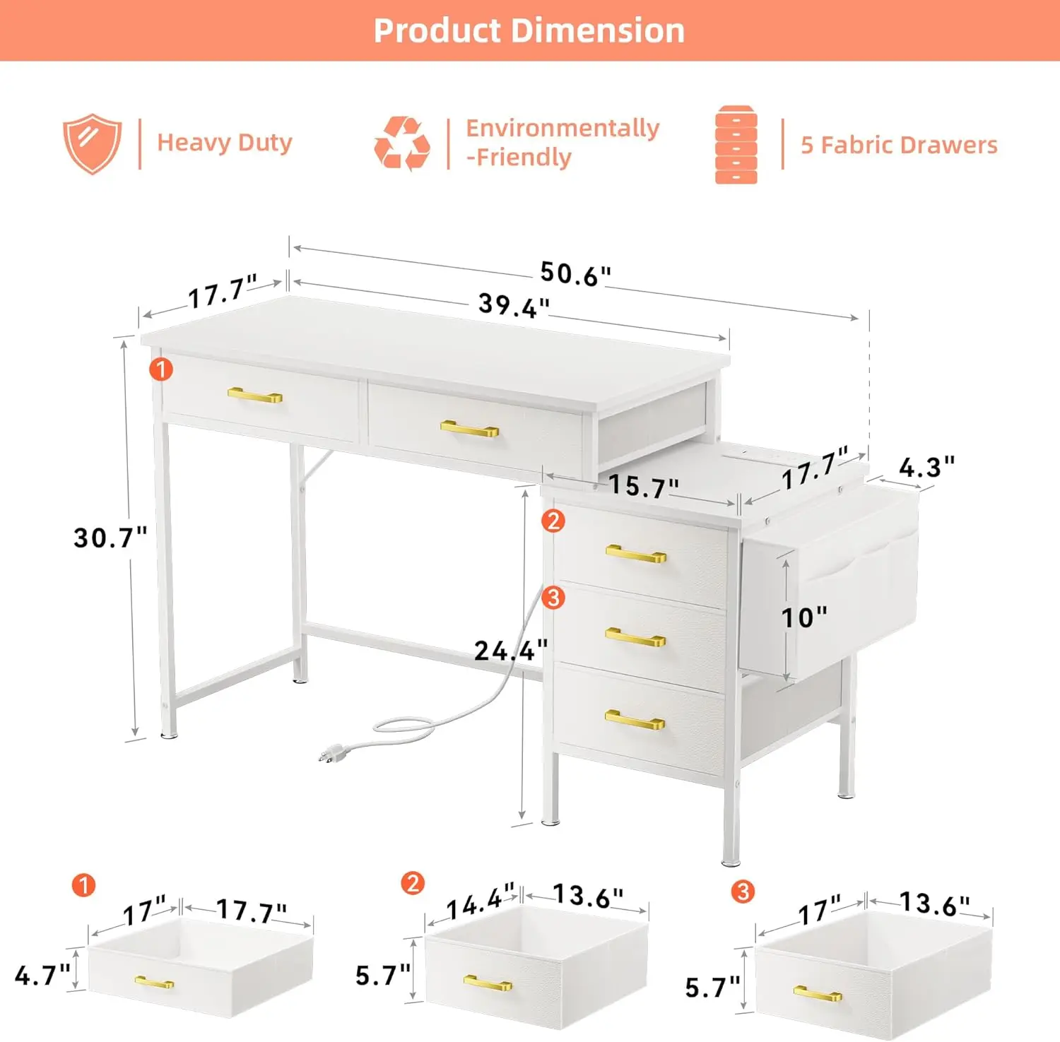 Vanity Desk Without Mirror, Makeup Vanity With 5 Fabric Drawers, White Vanity Desk Dressing Vanity Table With Charging Station,