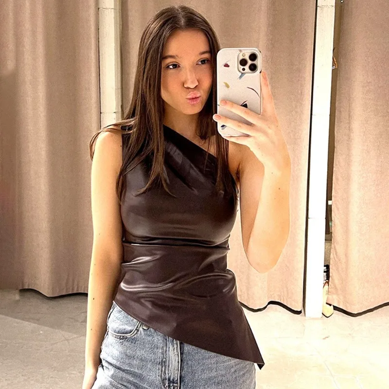 European and American Women' Clothing Single Shoulder Sleeveless Vest New Solid Color Slim-fitting Diagonal Neck Zipper Slim Top