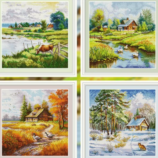 The scenery of the four seasons counted 14CT Cotton aida DIY Cross Stitch Sets Chinese Cross-stitch Kits Embroidery Needlework