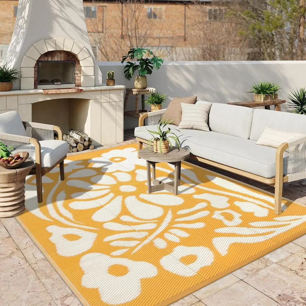 

Waterproof Reversible Orange Outdoor Rug, 8x10 for RV Camping, Patio, Deck, Pool, Beach