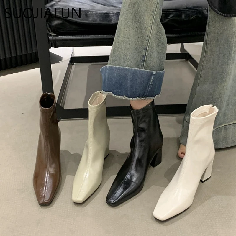 

Новинка зимы 2024, Брендовые женские ботильоны SUOJIALUN, модные элегантные женские Классические полусапожки на высоком устойчивом каблуке, туфли-лодочки с круглым носком