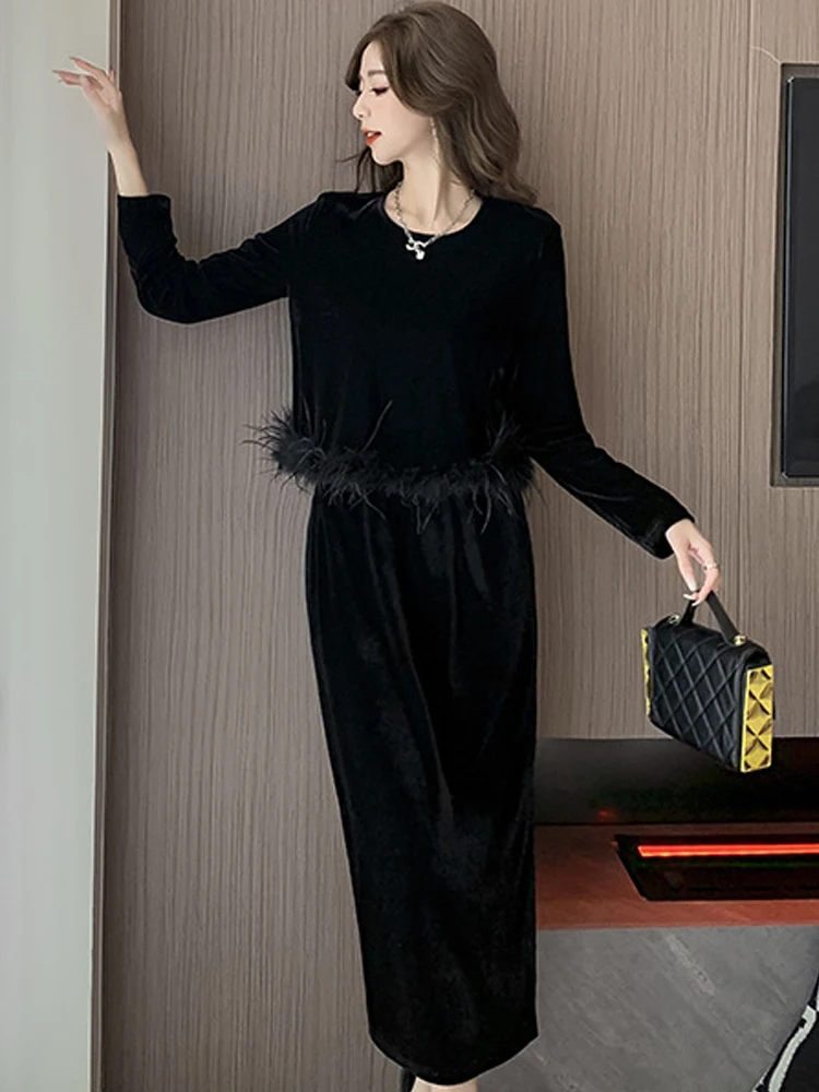 

Fashion Elegant Black Velvet 2 Pieces Outfits Women Clothing Short Tops Shirt Blouse Slit Skirt Sets Mujer Party Street Spring