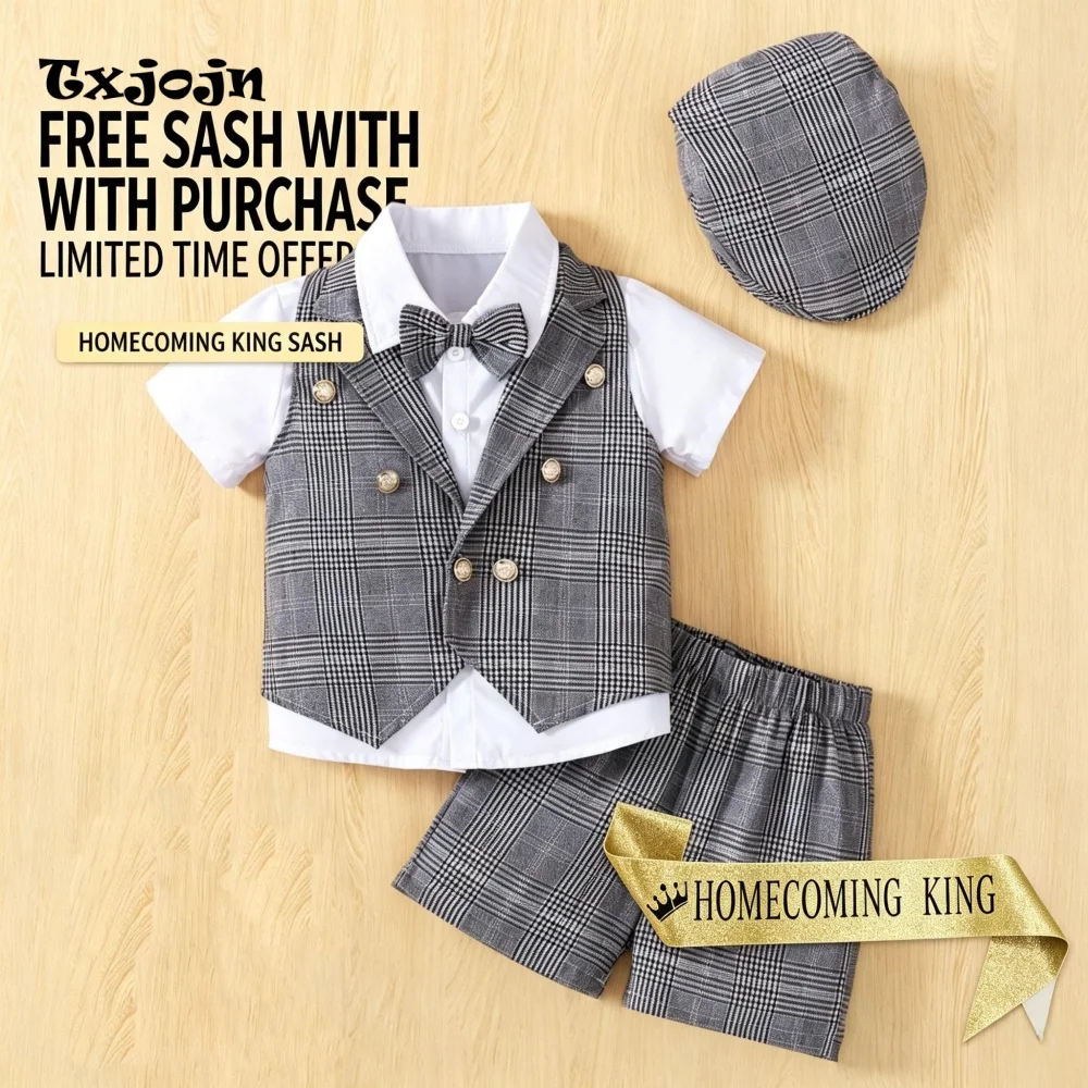 Preppy Style Boy's Formal Suit Set Summer Children's 3 Piece Set Plaid Clothes Short-sleeve Top Shorts Cap Kids Party Outfit