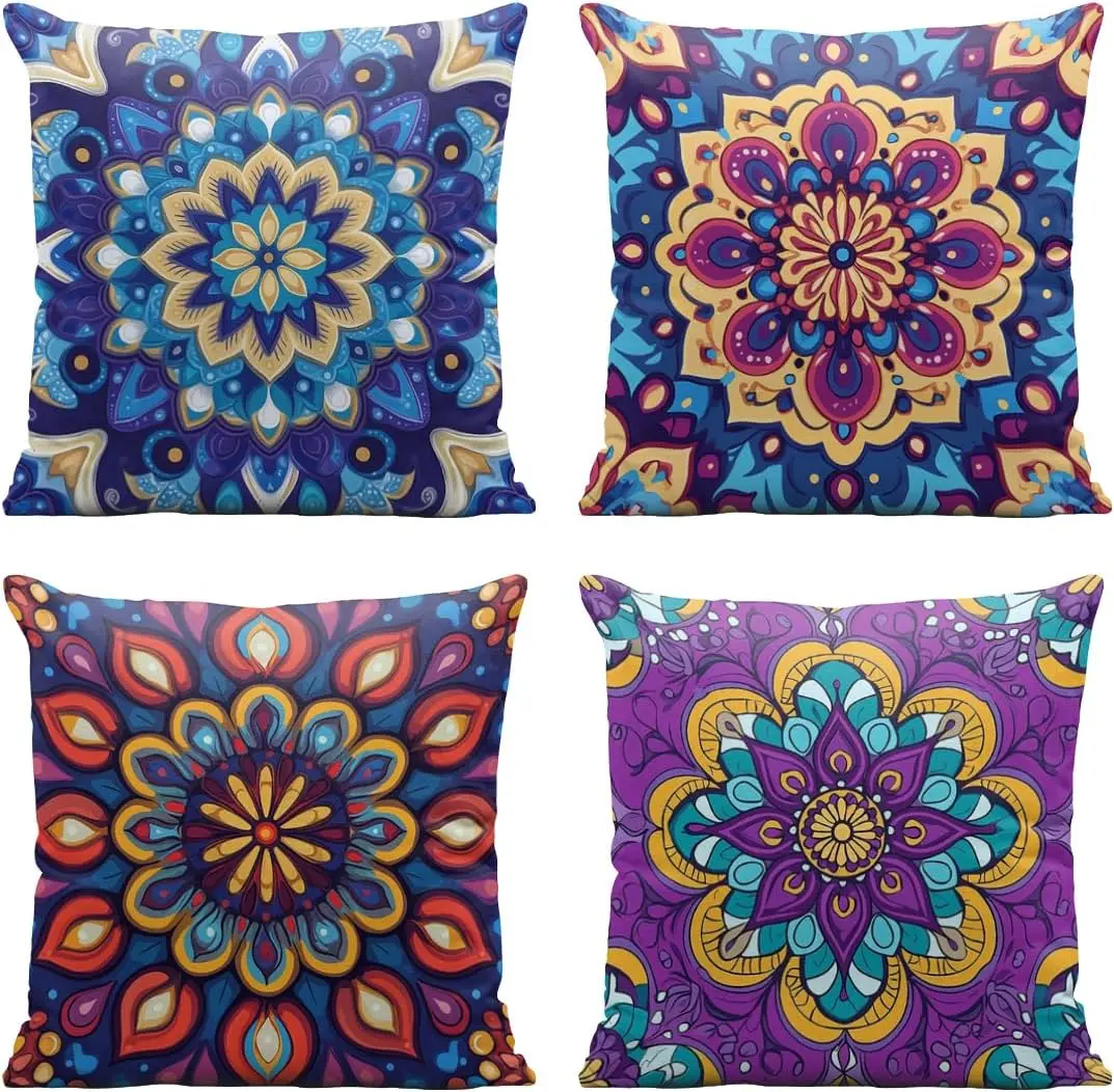 

4Pcs Colorful Mandala Throw Pillow Covers with Bohemian Floral Print Cushion Cases for Sofa Living Room Bedroom Home Decor