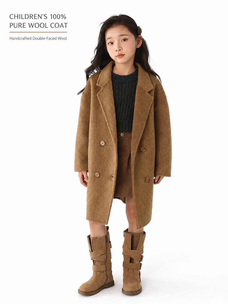 Children 100% Pure Wool Double-Faced Coat Unlined Construction Handmade Tailored Lapel Overcoat Soft Warm Winter Outerwear Kids