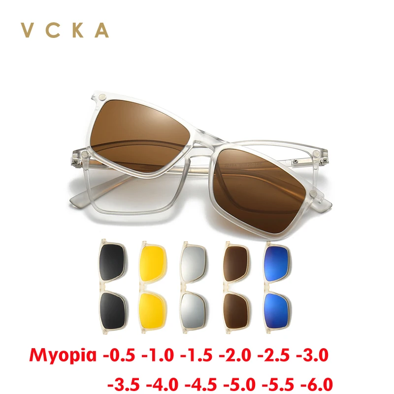 VCKA 1+5 Magnetic Polarized Myopia EyeglassesTransparent Frame Square Driving Optical Prescription Glasses Men Women -0.5~-6.0