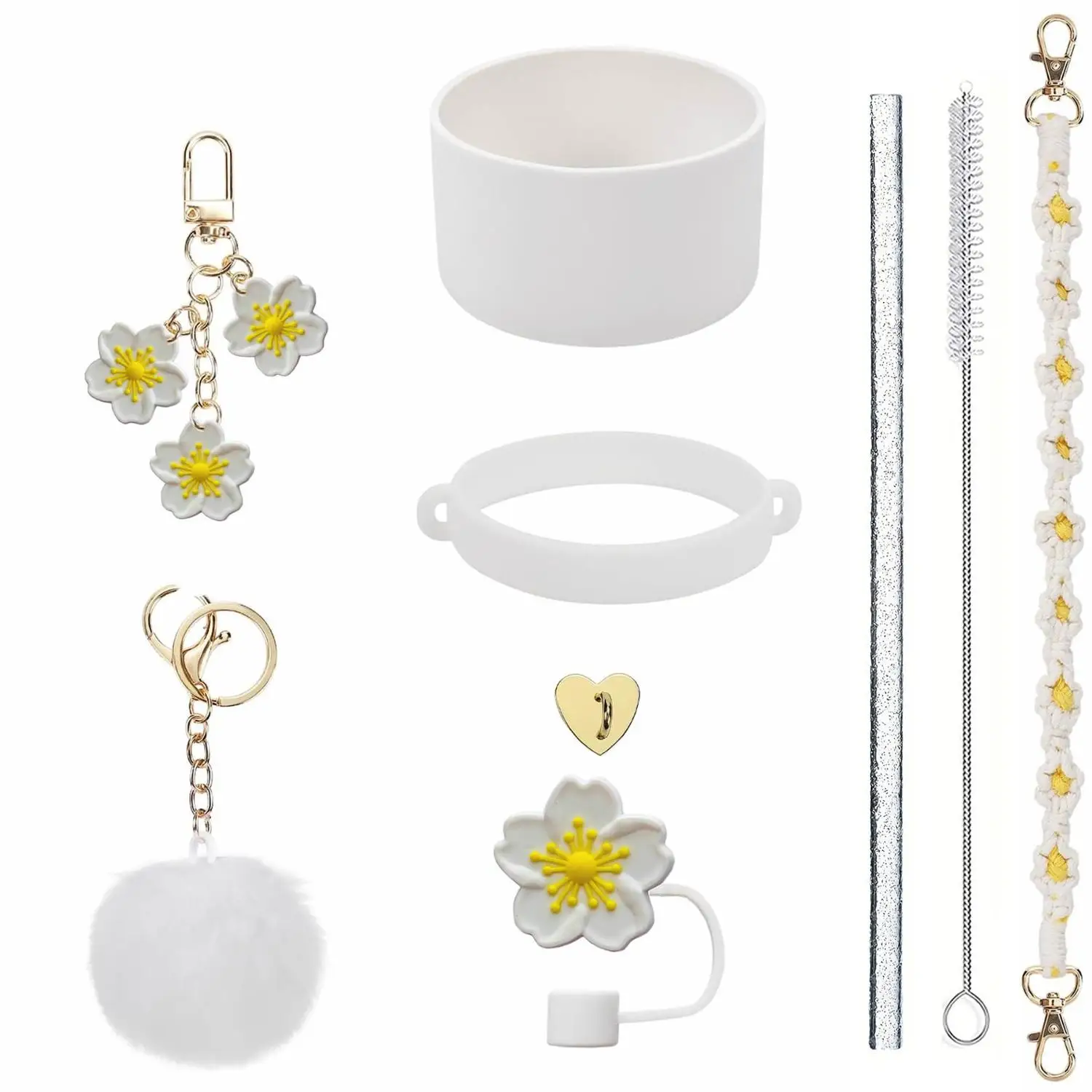 For Stanley Accessory Set - Silicone Flower Straw Topper Brush Pom-Pom Pendant Hand Strap Chain And Cup Sleeve for Insulated T