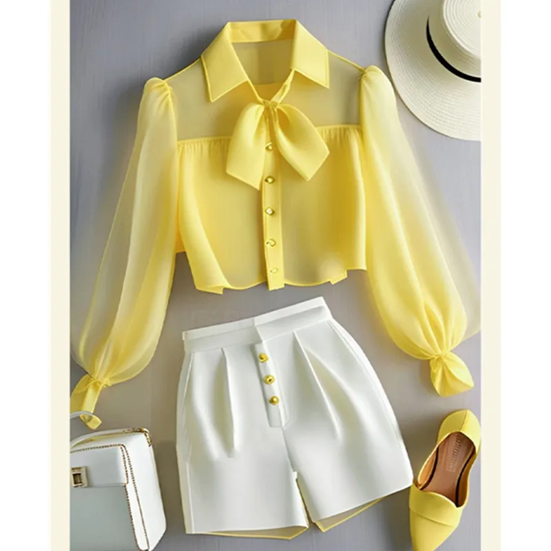 Chiffon Yellow Lapel Neck Perspective Top OL Shirt White Casual Pants Sets 2 Piece Womens Outfits Spring Summer Suit Blouse 3063