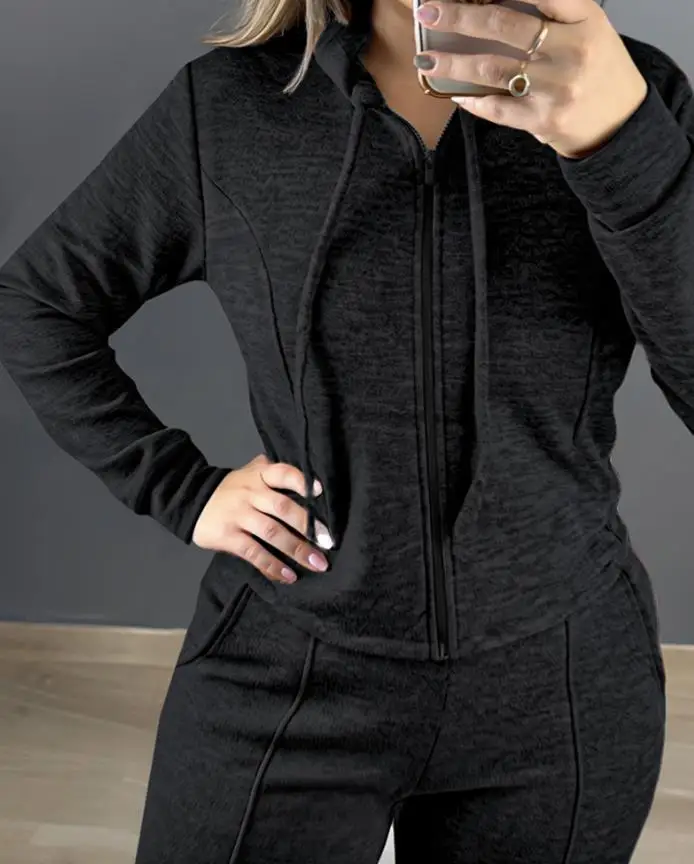 

Solid Color Hooded Zipper Sports Hoodie Jacket and High Waisted Straight Leg Pants Set for Autumn and Winter Women's Casual Wear