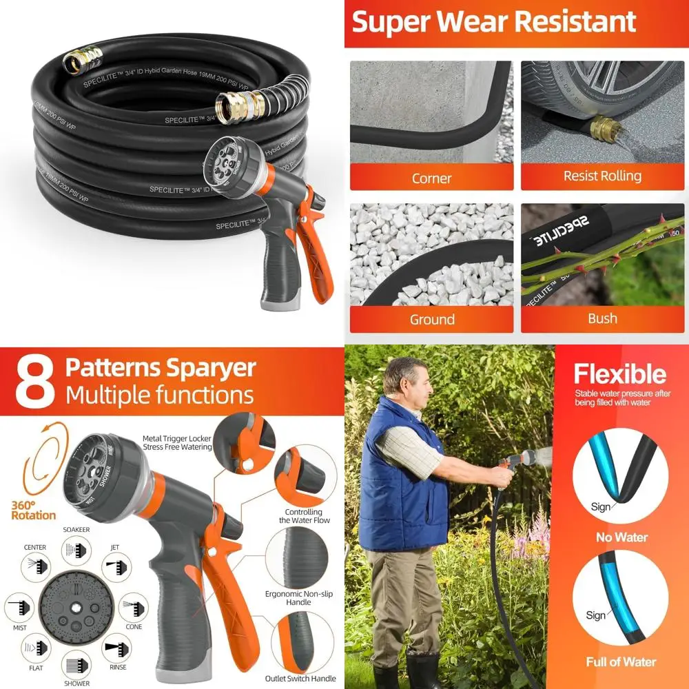 

Heavy-Duty 75-Foot Flexible Lightweight Garden Hose, 3/4 Inch, 600 PSI Burst Pressure, Kink-Free Hybrid Rubber Pipe for Outdoor