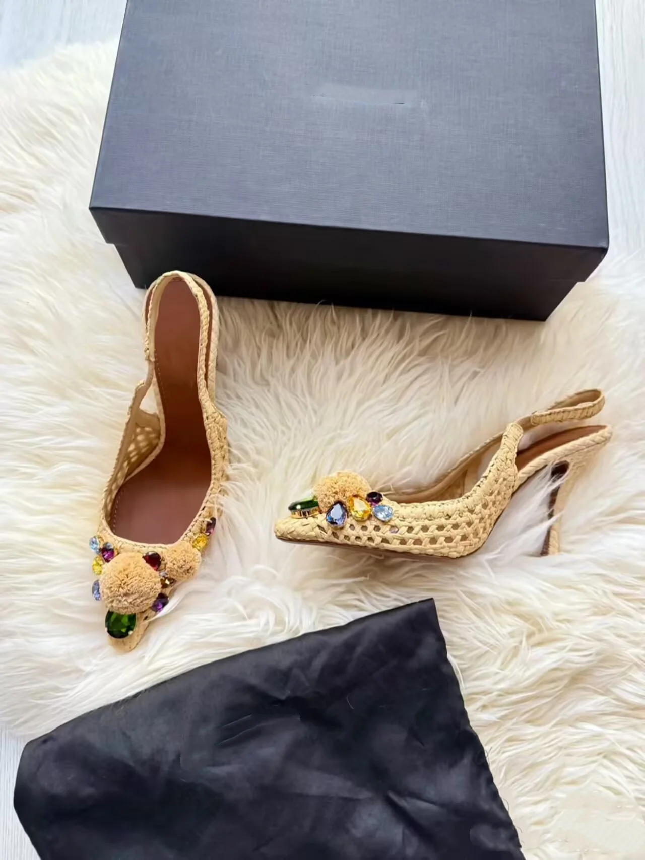 

Bohemian Style Weave Pointed Toe Crystal Summer Women Sandals Stiletto High Heels Slip On Design Large Size Leisure Shoes