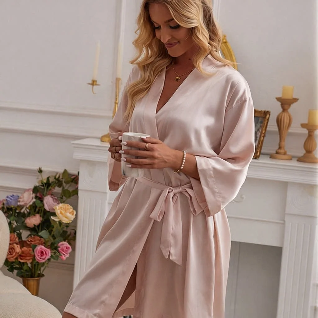

Ladies Summer Thin Long Ice Silk Sleepwear Robe Hotel Bathrobe Home Clothes Comfortable Lightweight Polyester Fiber Robe
