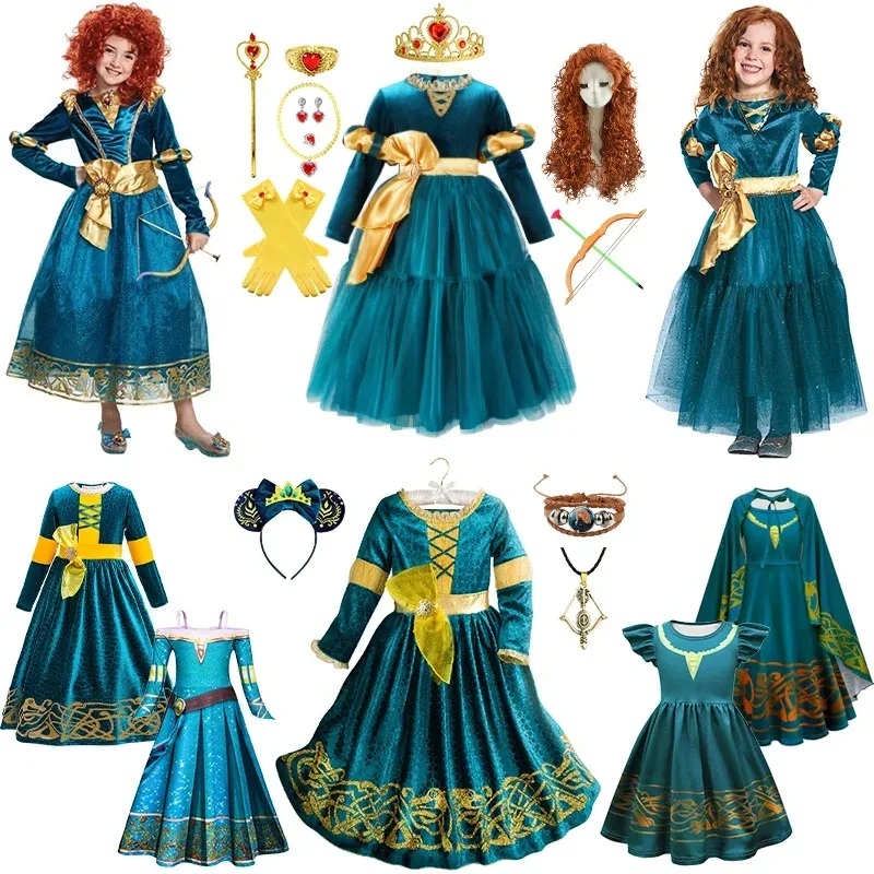 

♥AA Cartoon Movie Girls Merida Dress Halloween Brave Princess Costume Children Green Velvet Long Sleeve Vintag New 2026