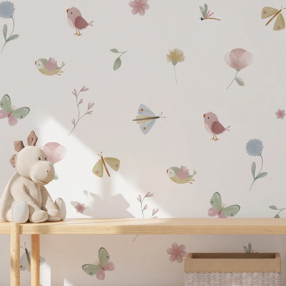 Pink Butterfly Flowers Birds Wall Stickers for Girls Kids Bedroom Wall Decals Wall Art Home Decoration Nursery Wallpapers