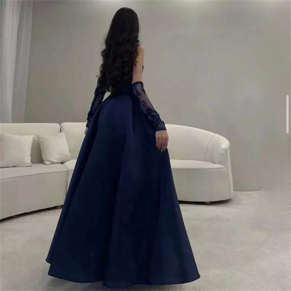 Cathy الأزرق الداكن Vestidos De Noche مع الأكمام القابلة للإزالة الساتان حمالة طول الكلمة فستان حفلة موسيقية 2023 فساتين السهرة