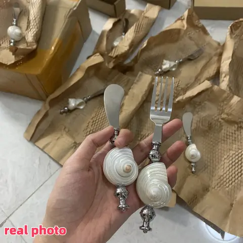 Naturlig snäckskal, handtag, gaffel, sked, kniv, rostfritt stål, snäckskal, bestick, dessertsked, middagskniv, salladsgaffel, porslin 10 best sales skalsked - №5