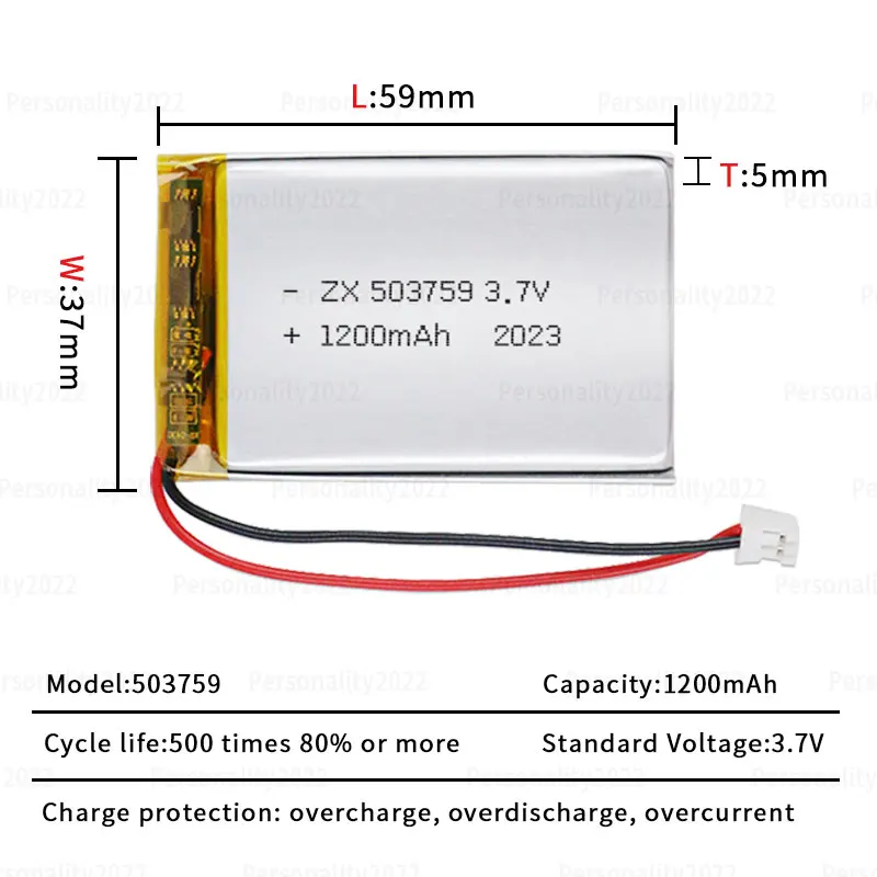 503759 Battery 1200mAh 3.7V 2lipo Polymer Lithium-ion Batteries Ph-2.0p Plug for Massager Bluetooth Audio Beauty Instrument