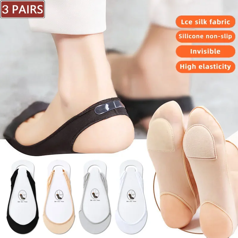 3 Pairs Invisible Boat Socks Women Summer Silicone Non-Slip Socks for High Heels Shoes Ice Silk Thin Half-Palm Suspender Sock