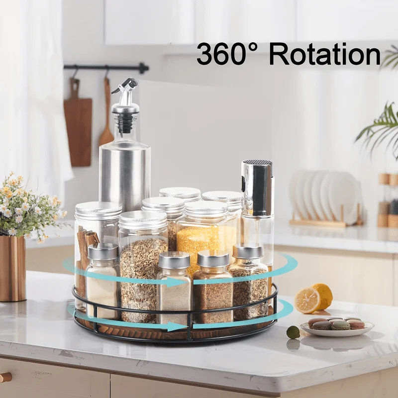 Round Rotating Wooden Tray Anti-Slip Metal Rim Lazy Susan Organizer Multi Purpose Storage Caddy for Cabinet Pantry Dining Table