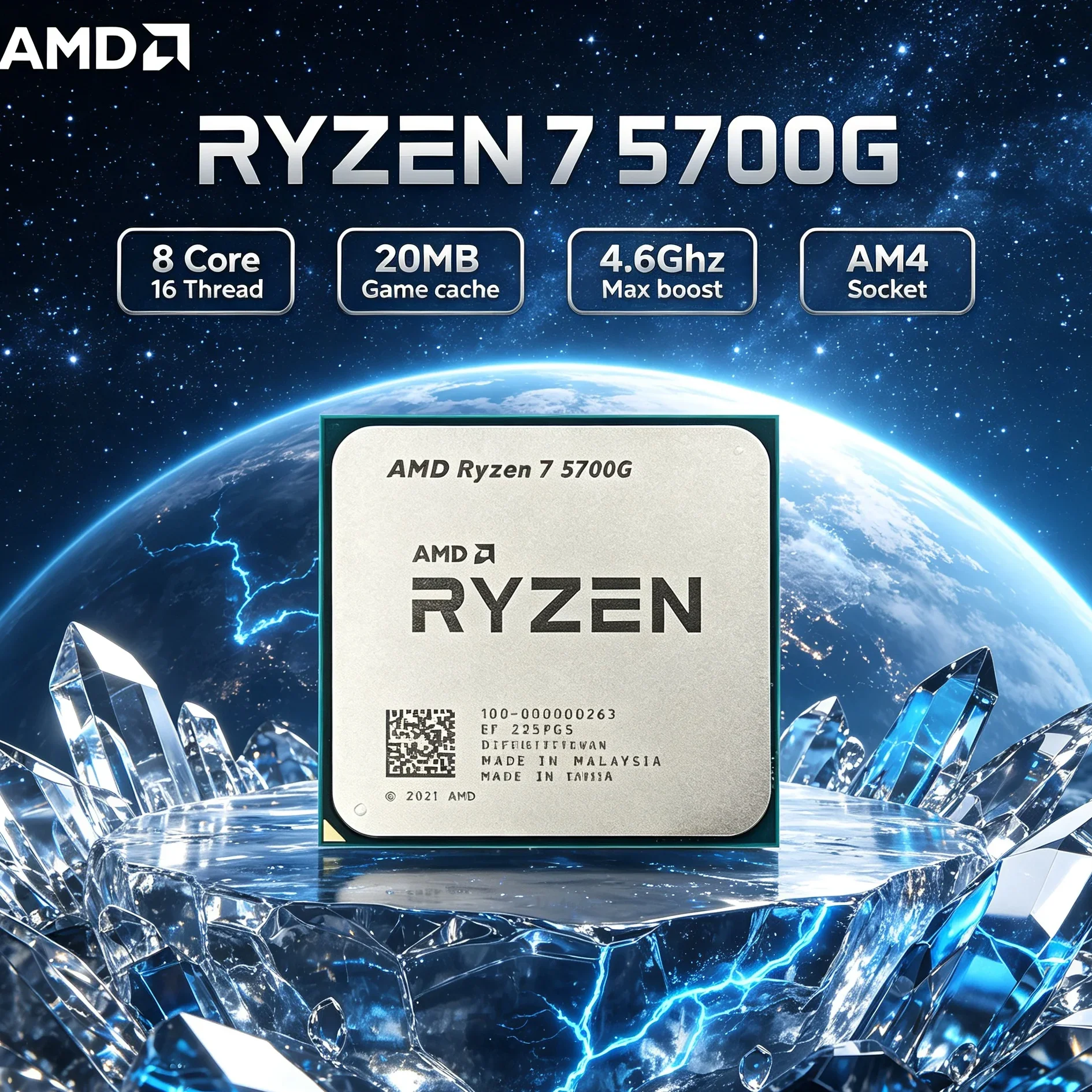 AMD Ryzen 7 5700G All-in-One Gaming APU, 8-Core 16-Thread AM4 4.6GHz Boost, Radeon Graphics, DDR4 65W CPU, Without Cooler
