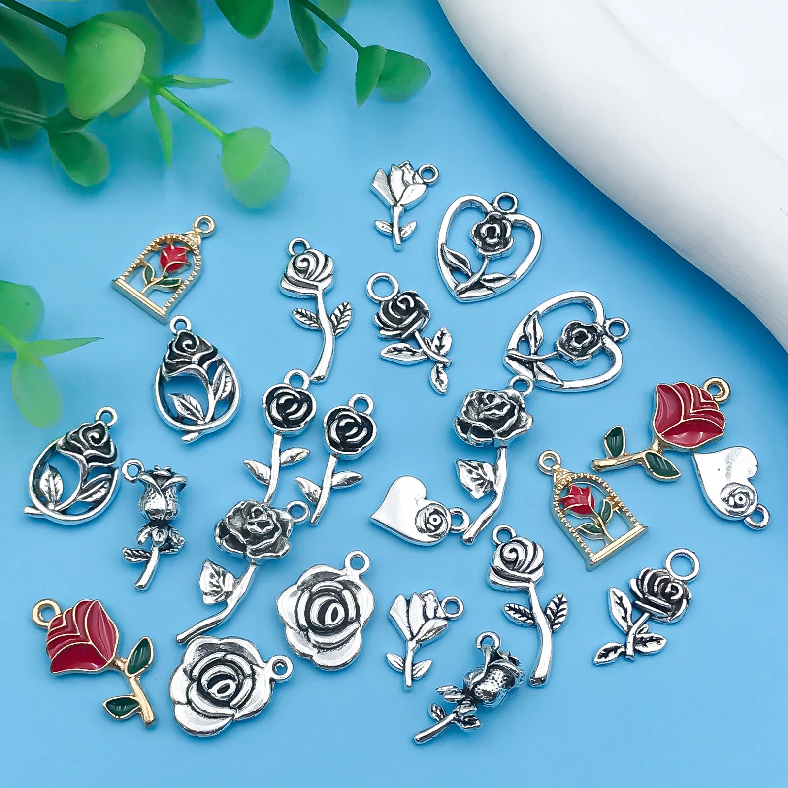 10/24Pcs/Pack Romantic Vintage Rose Flower Chaems Alloy Small Pendants for Jewelry Making Findings Crafting Accessory