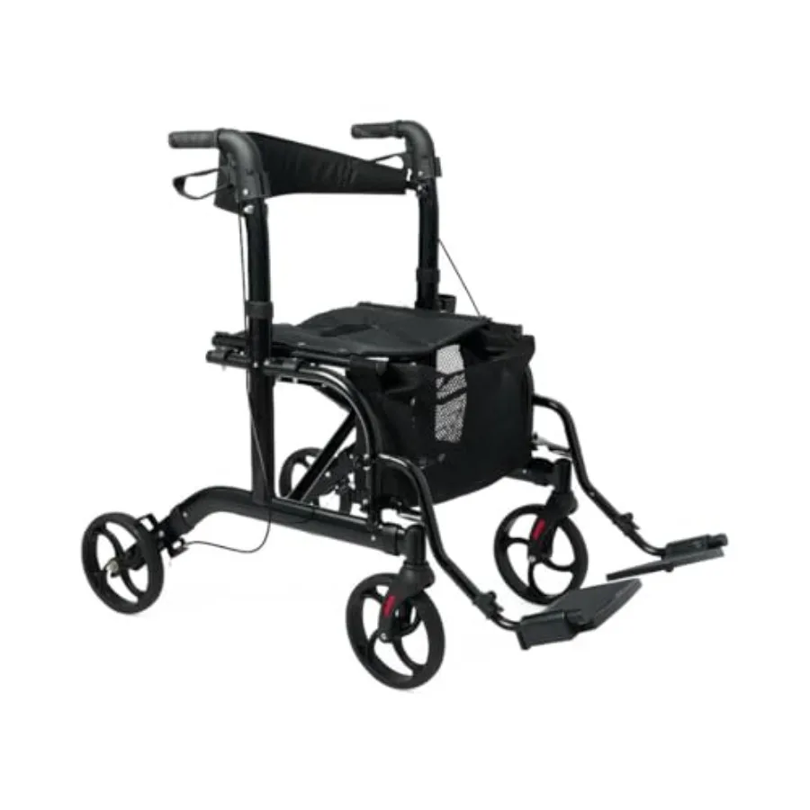 

Medline Walker Wheelchair Combo Rollator Walker for Seniors with Seat Foldable Transport Chair with Footrests 300 lb Capacity B
