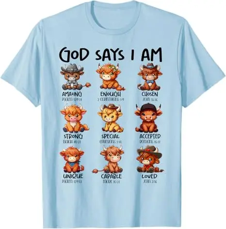 Schottisches Kuh-T-Shirt: Gott sagt, ich bin eine Highland-Kuh – Christliches religiöses Kleinkuh-T-Shirt, Y2K Glaube Jesus Bibelvers Tee Bekleidung – Detail 4