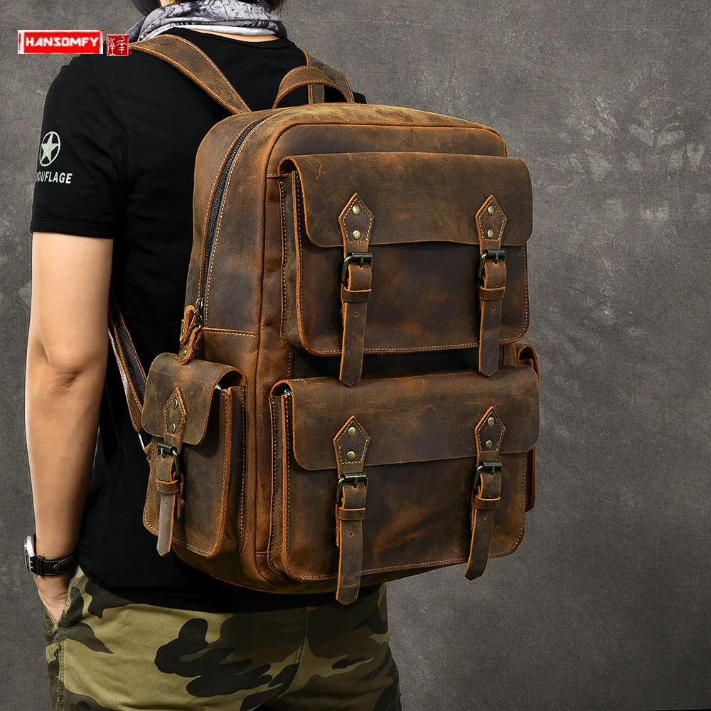LuxuryLarge Capacity Genuine Leather Men's Backpack Computer Bag Outdoor Retro Travel Backpacks Original Oversized Big B