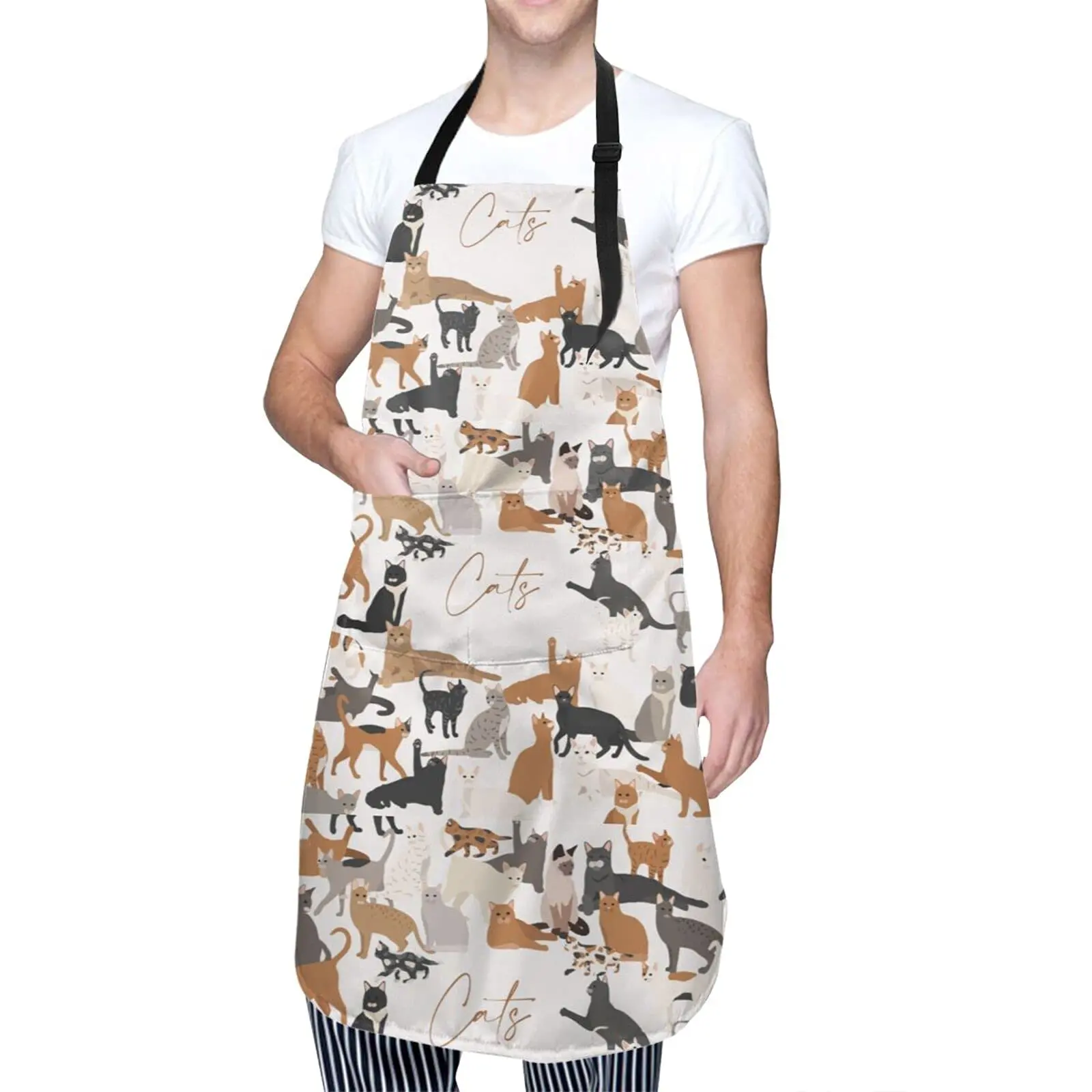 Cute Cat Theme Apron, Animals Pets Kitten Pattern Adjustable Neck Polyester Aprons with 2 Pockets for Cooking Kitchen=