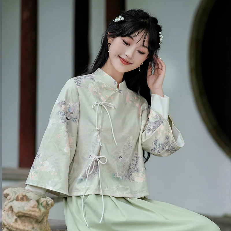 New Chinese Style Costumes Print Cheongsam Shirt Green Tang Clothes Young Girl Improved Hanfu Tops Loose Women Qipao Tops