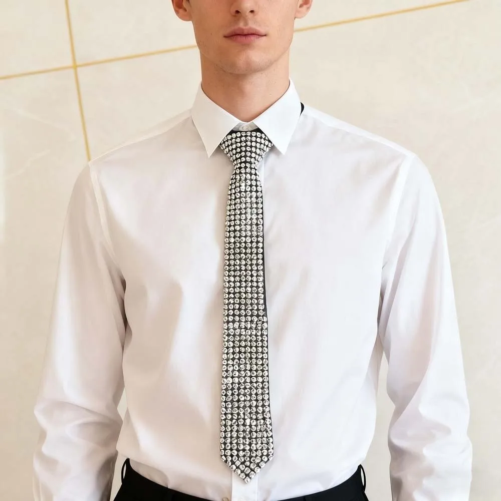 

Locomotive Style Full Rhinestone Tie Choker Geometric Punk Style Long Necktie Black Necklace Pre-tied Tie Daily
