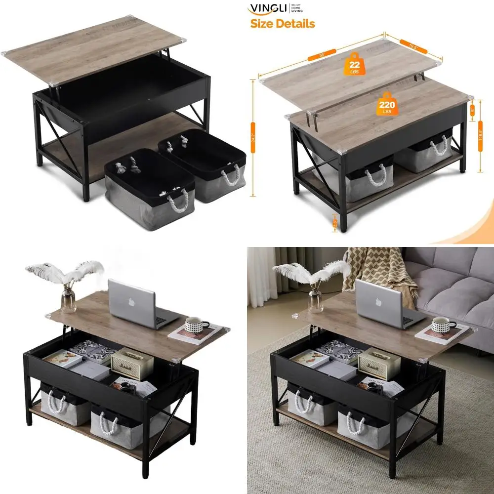 

Rustic Grey Lift-Top Coffee Table with Storage Bins for Small Living Rooms in Minimalist Style