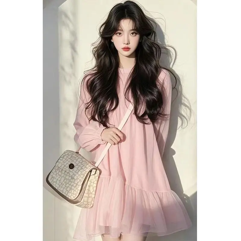 Gentle Wind Temperament Beautiful Pink Dress Women's Spring  Autumn New Fashion Loose Small A-word Skirt Age Reduction Dresses
