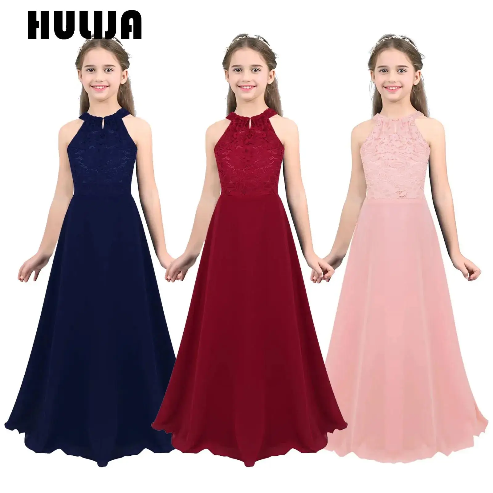 

Kids Flower Girls Elegant Long Dress Floor Length Ruched Chiffon Lace Halter Neck Dress for Princess Wedding Communion Party
