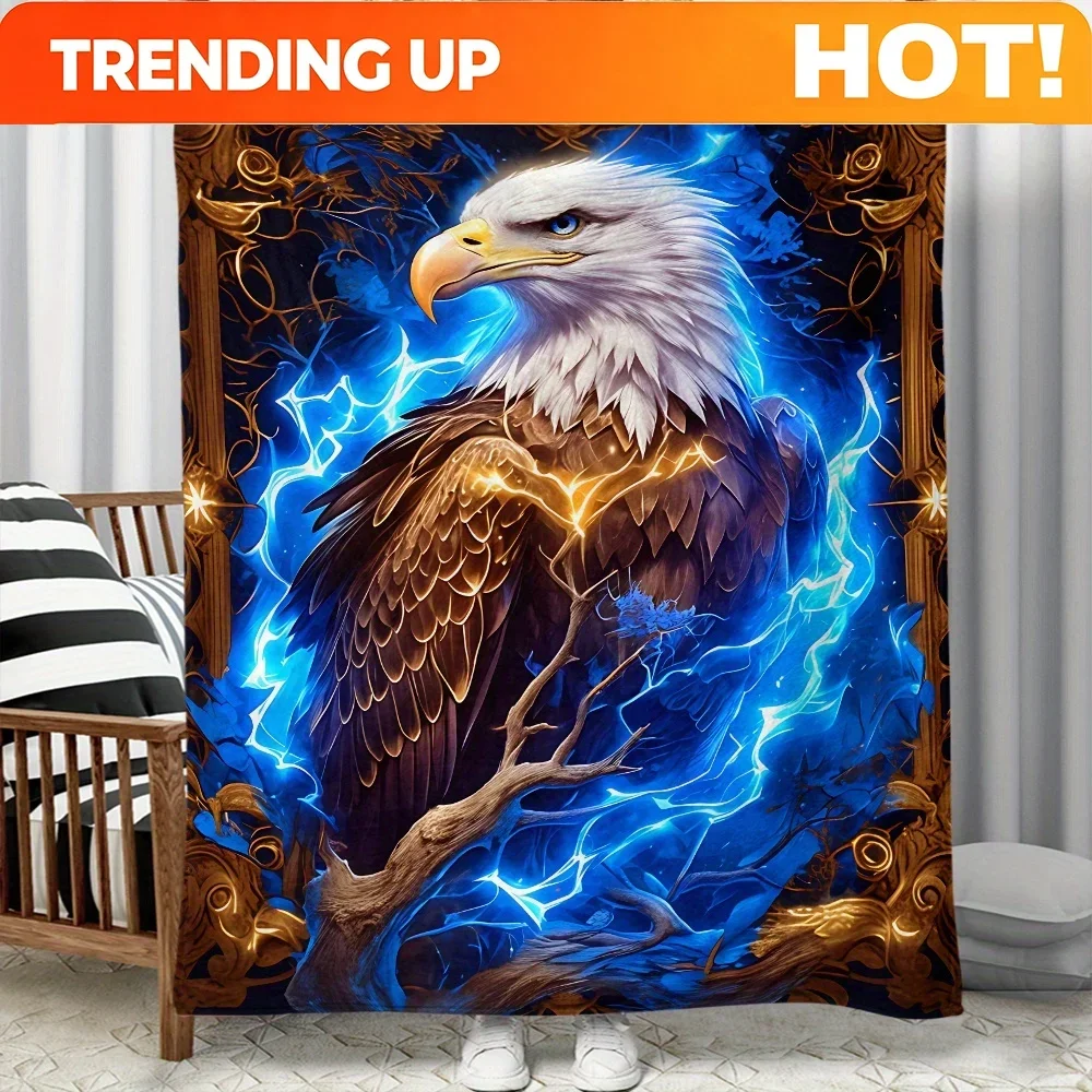 Customization 1pc Handsome Eagle Surrounded By Lightning Personality Print Portable Blanket- Lightweight Flannel Throw For Sofa,