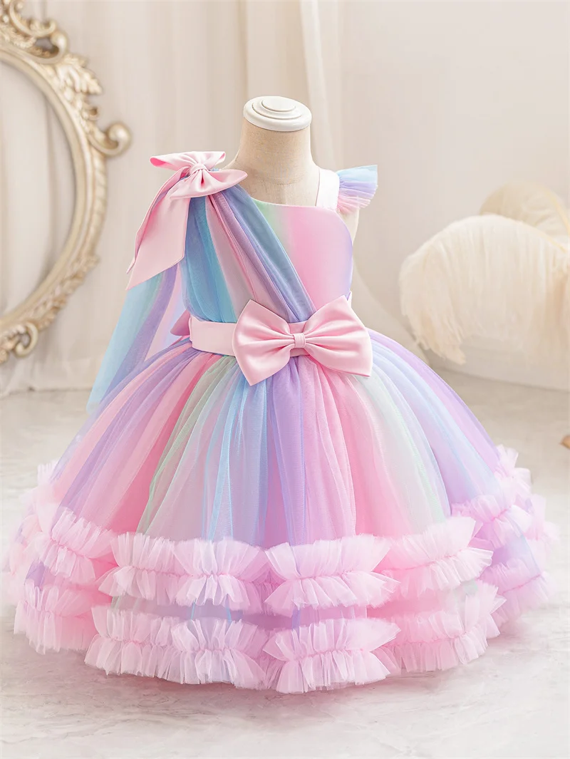 Girls Princess Dresses Children Cute Bow Mesh Puff Skirt Kids Elegance Birthday Party Banquet Performance Gown 4-10 Years Old