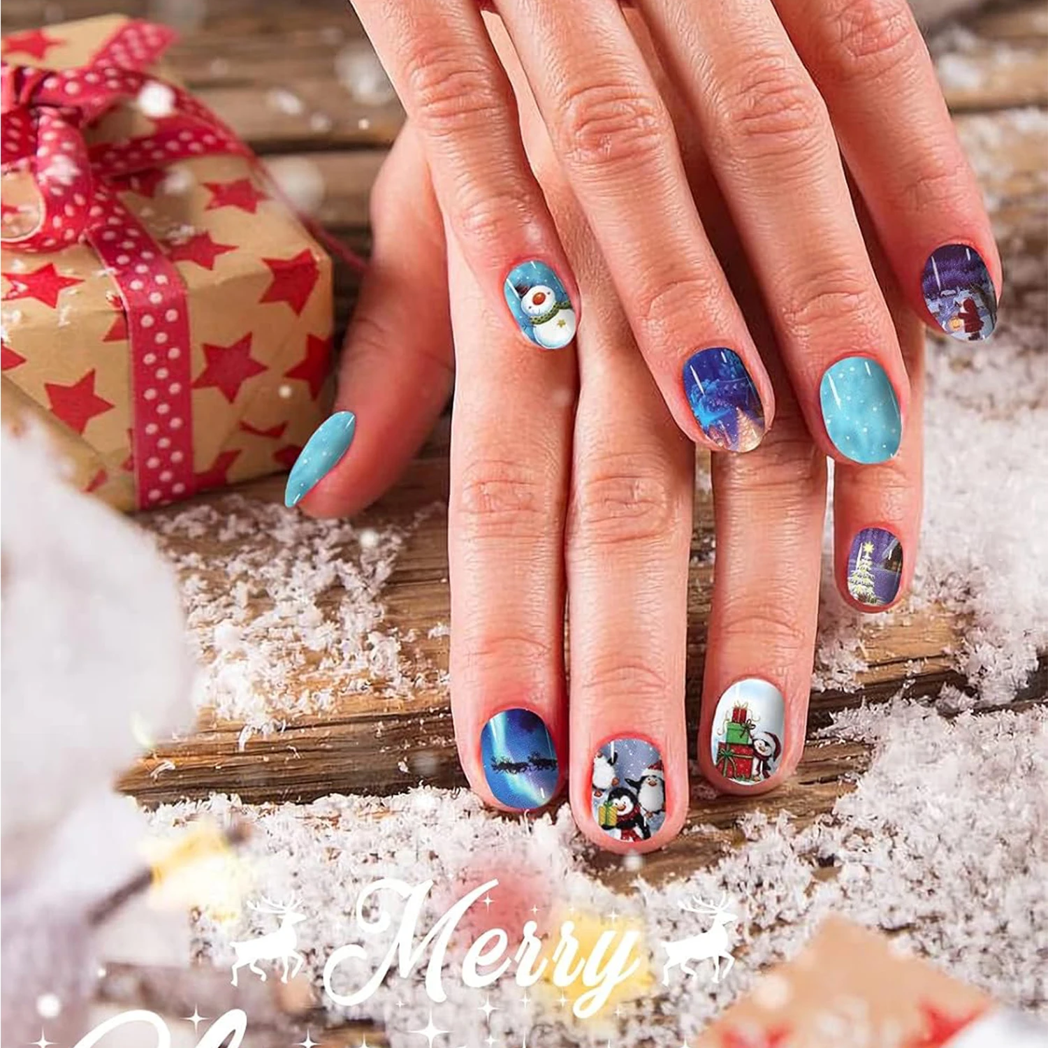 12피스 크리스마스 풀 세트 네일 랩, 산타클로스, 펭귄, 눈사람 디자인의 에반쿠 접착 네일 아트 폴리쉬 스티커, 네일 파일 1개 포함, 여성용 크리스마스 네일 장식에 적합