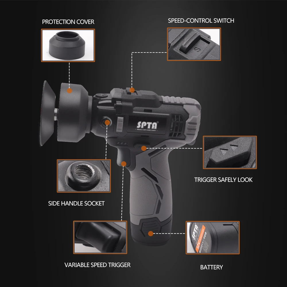 SPTA 12V Cordless Car Rotary Polisher Tool Sets, Dual Action Polisher Cordless Drill Variable Speed Buffer with 2000mAh Battery