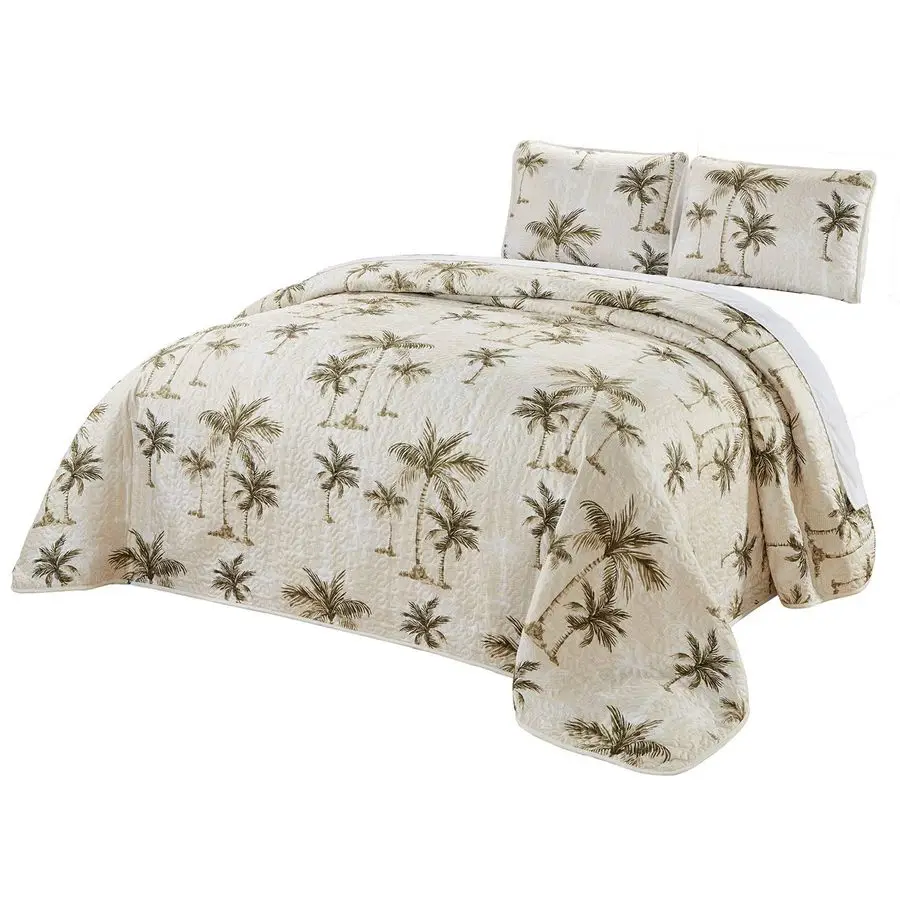 

Fine Printed Oversize 100 X 92 Tropical Palm Tree Queen Size Quilt Set Reversible Bedspread Coverlet Bed Cover Beige, Sage Green