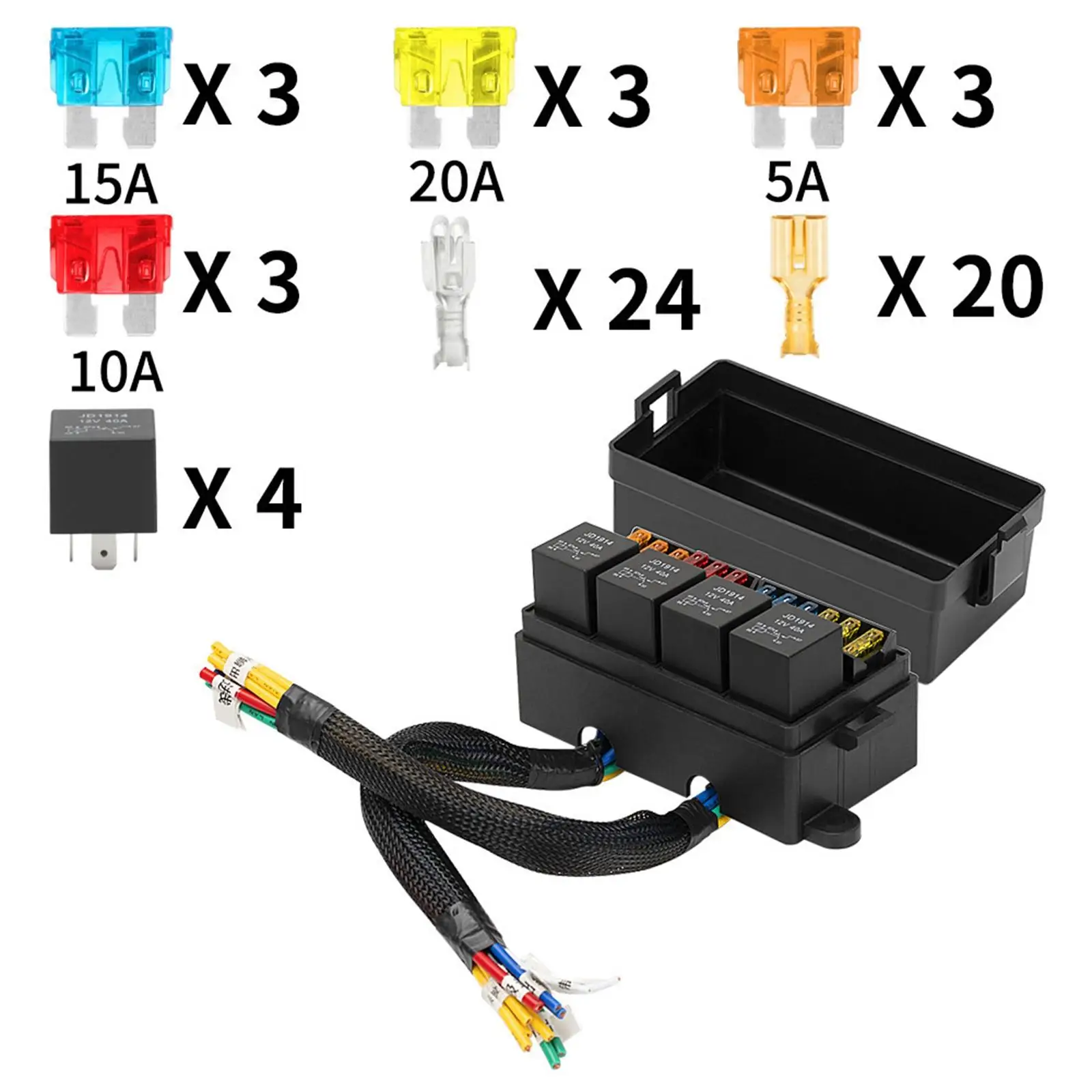 12 Way Relay Fuse Box Holder 12V Pre Wires Ato Atc Fuse Wiring Harness 5 Pin 40A Relay for Truck Marine Yachts SUV Boat