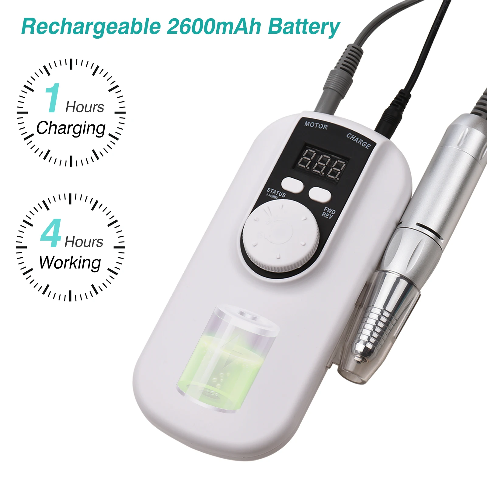 Trapano per Unghie Ricaricabile Elettrico 35000RPM Alta Velocità con Display LED e Supporto per Penna