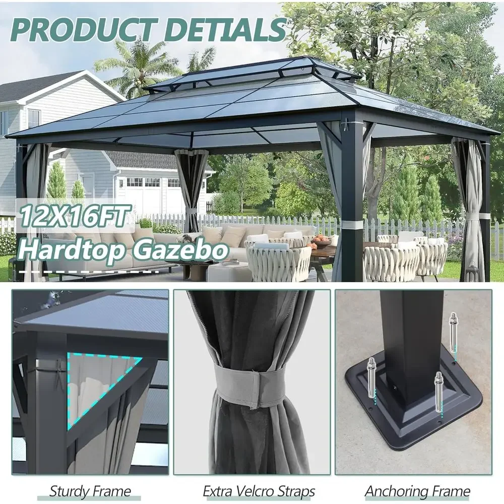12'x16' Hardtop Gazebo, Patio Gazebo Polyte Double Roo Gazebos with Netting and Curtains, Heavy Duty Metal Pavilion or Patio, Ba view 3