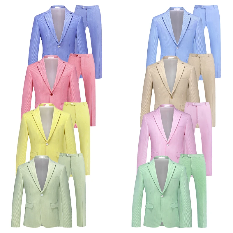 

Новинка 2026: Легкий дышащий костюм из пенополиэфирной пряжи в тонкую полоску для мужчин, весна-лето, разноцветный сирсакер: мужской пиджак + брюки