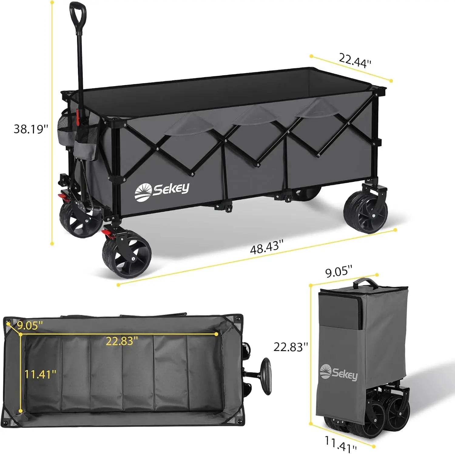 Vagão Estendido Dobrável e Dobrável, Heavy Duty, Utilitário Dobrável, Carrinho de jardim com Bi, 440lbs Capacidade de Peso, 48 ", 300L