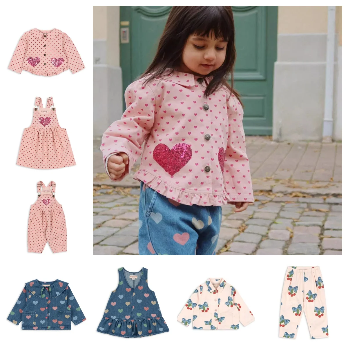 

2200, осенне-зимняя детская одежда для мальчиков и девочек, джинсовый комплект с сердечками, куртка, жилет, юбка, комбинезон, детская одежда с вишневым узором