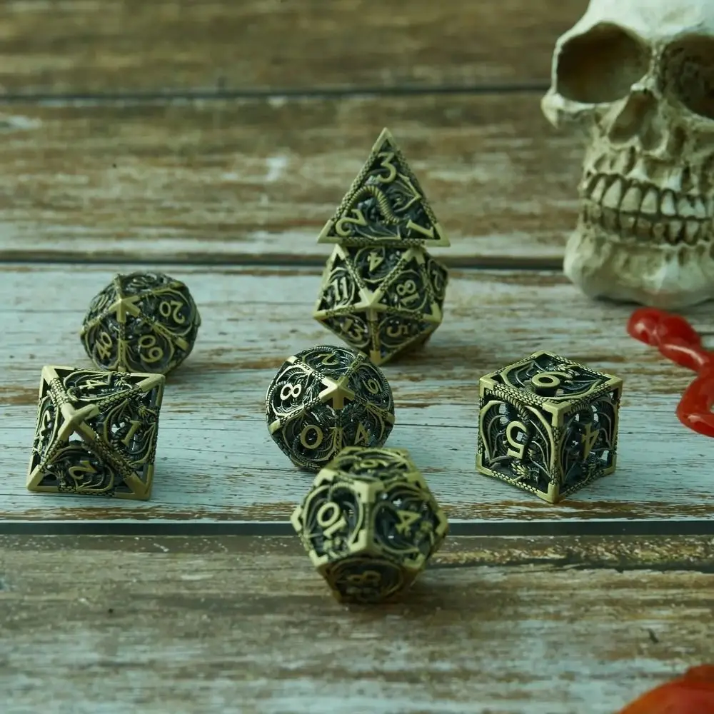 7pcs Hollow Metal Dice Set for DND Octopus Polyhedron Dice for RPG Board Game Pathfinder Metal Dice D4 D6 D8 D0 D% D12 D20 Dice