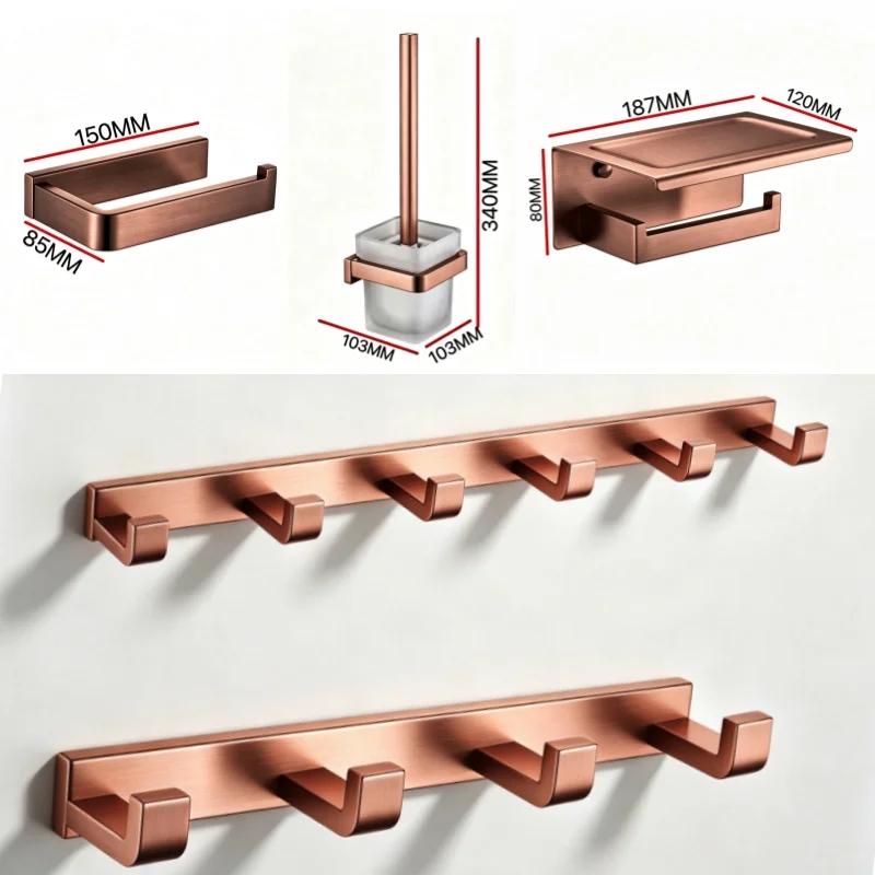 Brushed Rose Gold Wall Mount Shelf Toilet Bath Hardware 2/4/6 Hook Paper Holder Towel Bar Rack Rail Rod Robe Hook Hanger 2