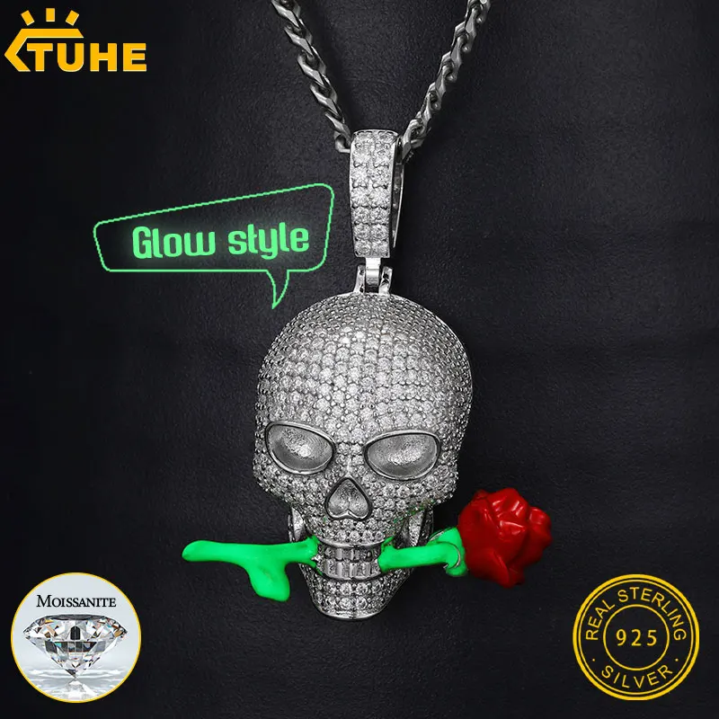 Skeleton Roses Luminous Style Pendant S925 Moissanite Pendant Necklace Rope Chain For Men Hip Hop Jewelry Nightclub Gift