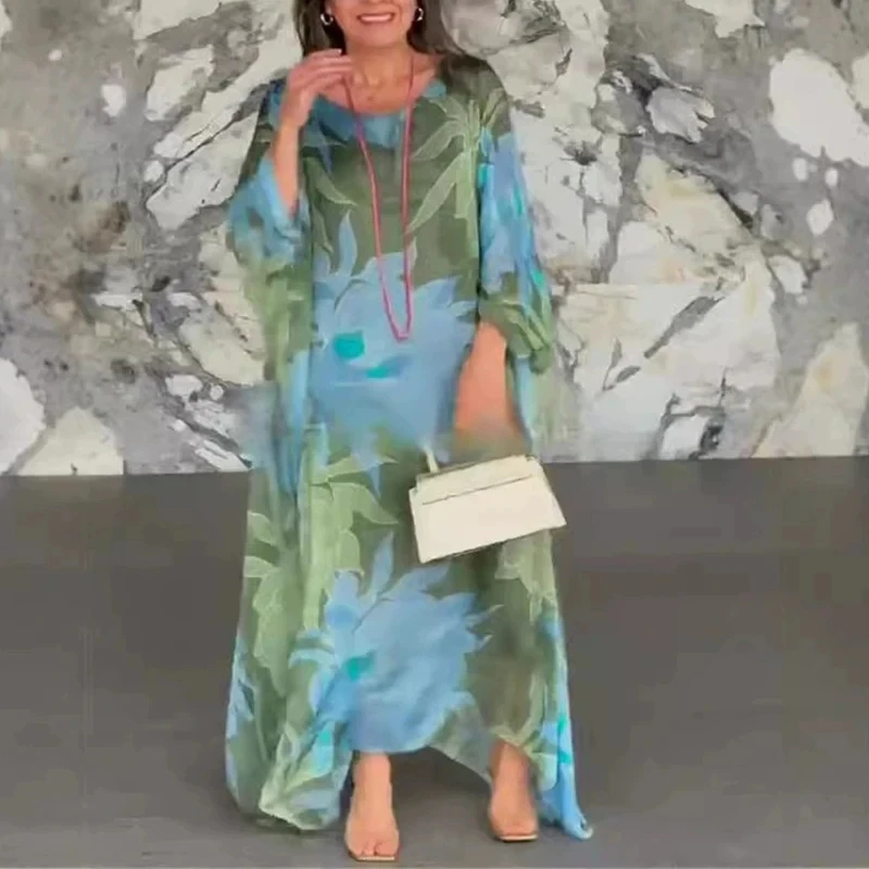

Casual High Waist Commute Dress for Women Vintage Pattern Printed Loose Maxi Robes Elegant Batwing Sleeve Pleated Women's Dress