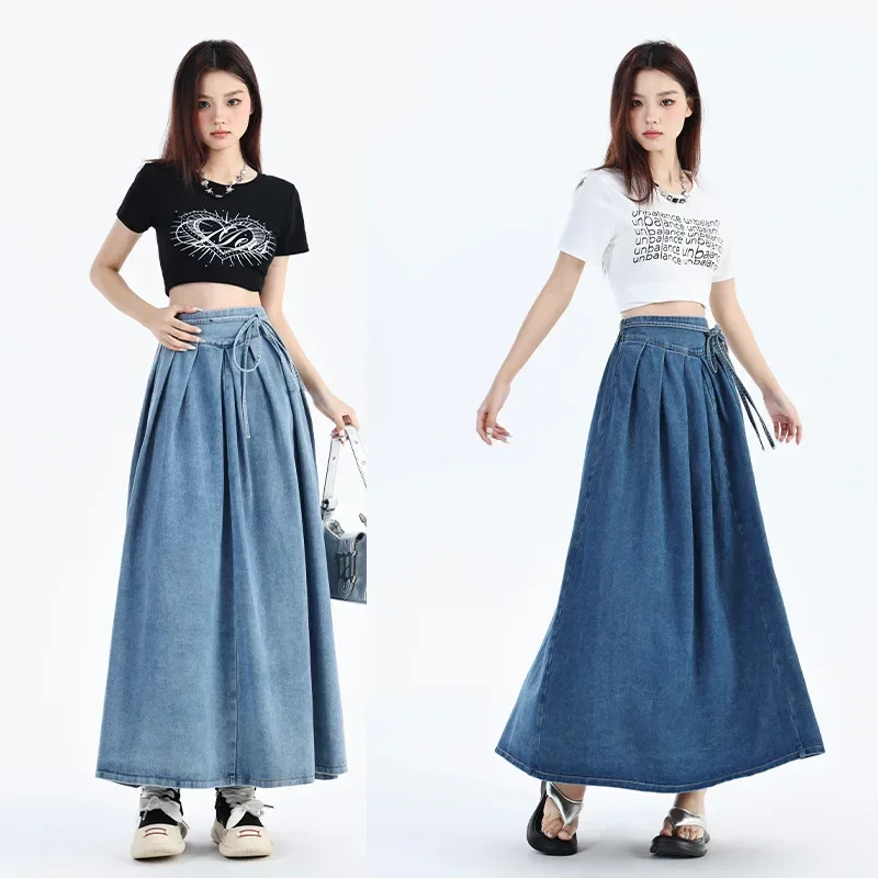 

Pop High-waisted Slimming Denim Skirt For Women Loose-fit A- Line Pleated Long Dress Summer Style Niche Fashion